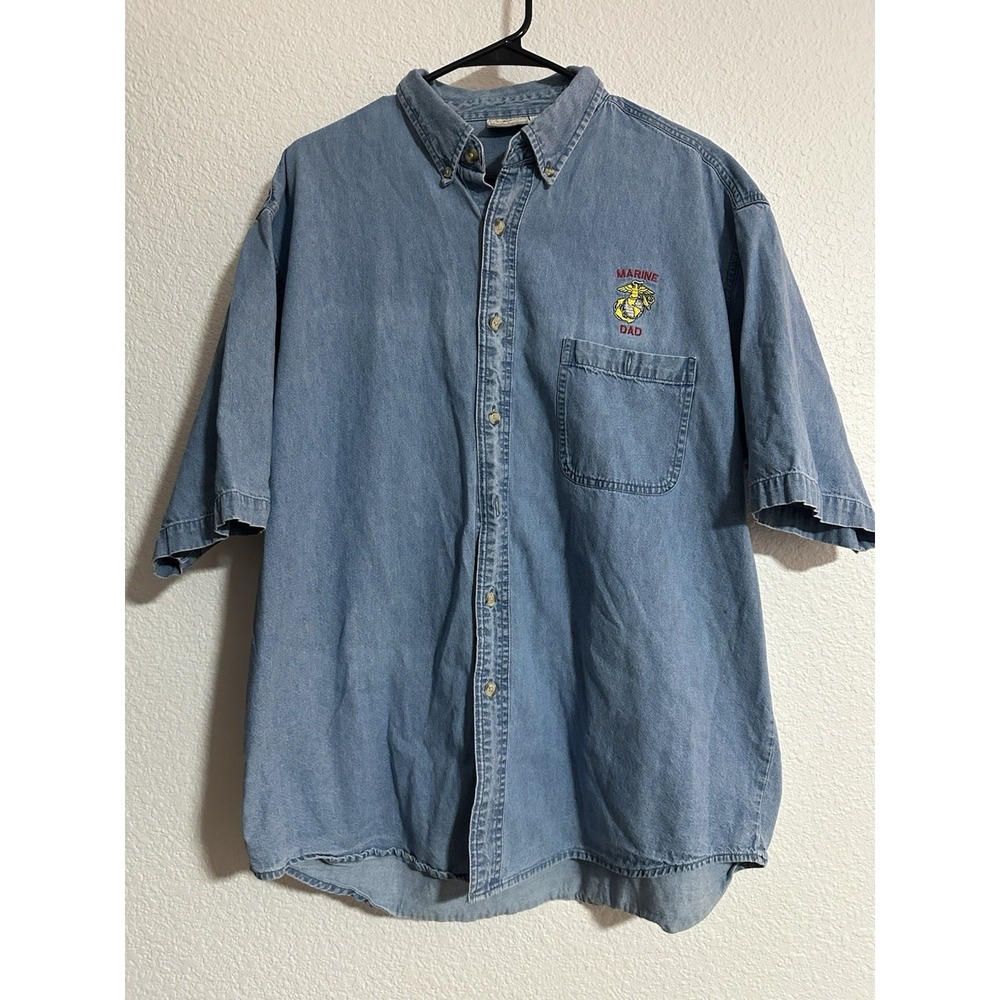 Vintage Denim Button Up Short Sleeve Shirt Marine‎ Dad
